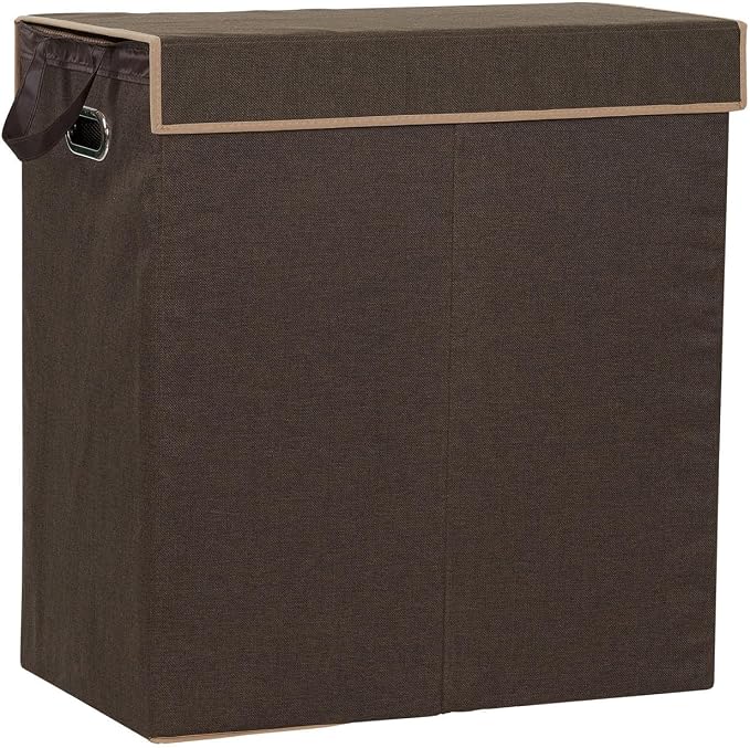 Household Essentials Collapsible Double Laundry Hamper with Lid, Two Compartments and Removable Liner Bags, Brown Finish - Image 9