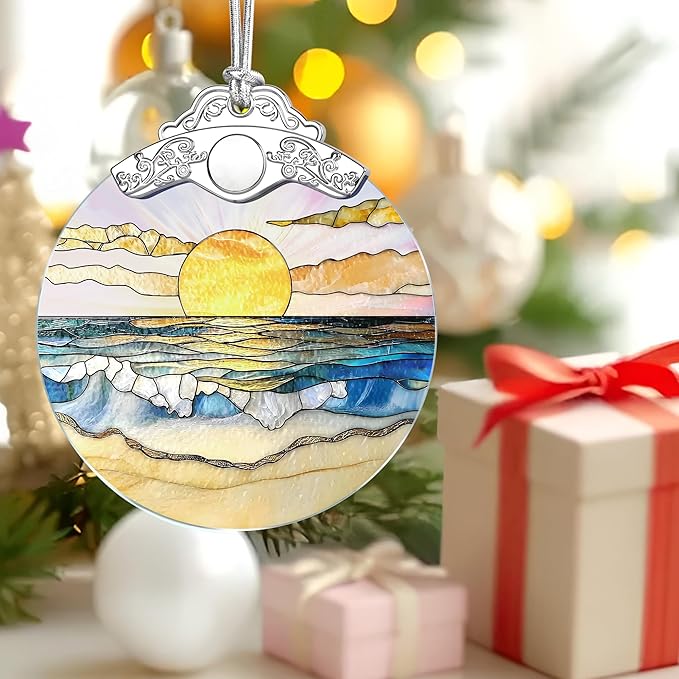 Beach Sunset Stained Glass Ornament, Christmas Ornament – Christmas Tree Decor, Holiday Decoration, Stocking Stuffer, Festive Gift Idea, Gifts for Ocean Lover, Nature Lover, Friend, and Family