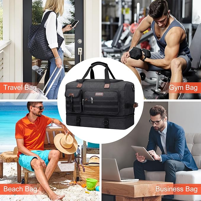 WITZMAN Duffle Bag for Men 50L Travel Canvas Weekender with Toiletry Bag | With Shoe Compartment and Dry-wet Pocket, Convertible, Carry On, One Duffel for Gym, Sports, Overnight, A8010/2 Black - Image 9
