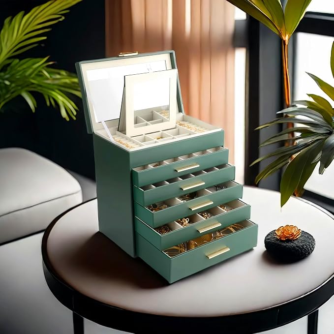 BOOVO Jewelry Box for Women, Green 6 Layer Large Jewelry Organizer with Glass Lid for Necklace, Bracelet, Earrings Storage, Jewelry Organizers and Storage for Girls Gift (Green and Gold, 6 layer) - Image 7