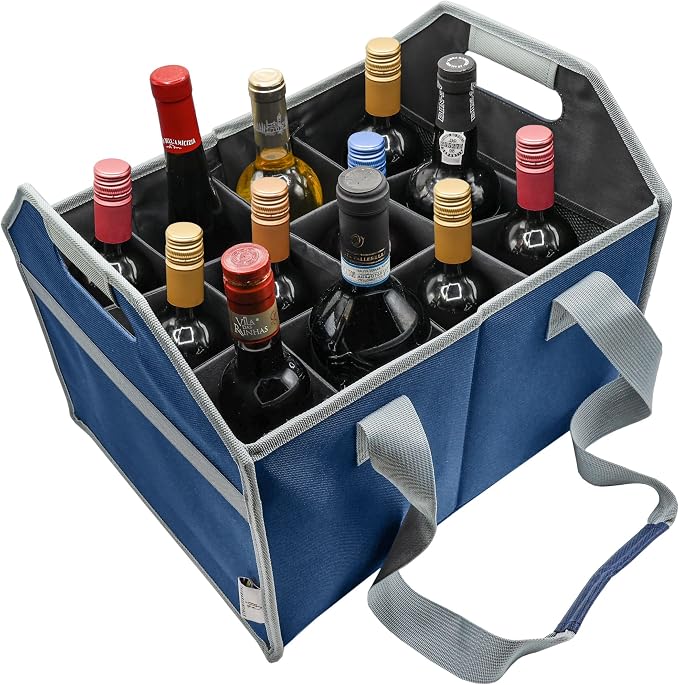 12 Bottle Wine Carrier Bag Collapsible Reusable with Strap for Liquor Champagne Beer Glasses Storage Shopping Travel (Navy Blue) - Image 9