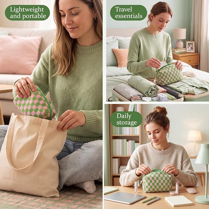 Gilprop 8 Pcs Checkered Makeup Bag for Purse Small Cosmetic Pouch Bulk Portable Zipper Makeup Pouch Travel Toiletry Organizer Gifts for Women Bridesmaid Wedding Party Favors (Pink Green) - Image 6