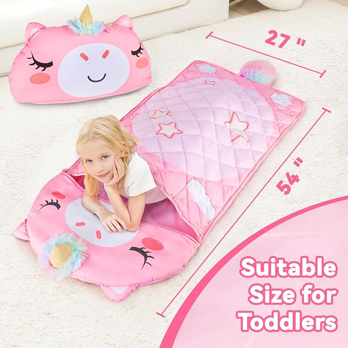 iPlay, iLearn Kid Sleeping Bag, Unicorn Slumber Sack, Toddler Girl Nap Mat | 2 in 1 Pink Animal Cushion Pillow Blanket, Happy Travel Sleepover Daycare Preschool Birthday Gift for 3 4 5 6 Year Old Child - Image 6