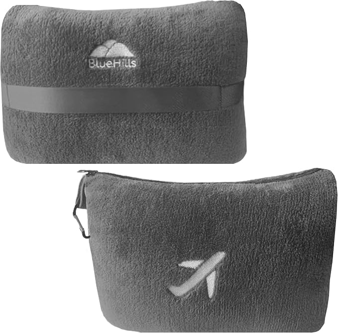 BlueHills Premium Soft Plush Mini Travel Blanket Pillow Plane 2 in 1 Gray | Luggage Belt & Backpack Clip, Compact Lightweight, Airplane Essentials, Zipper Case, Long Flight Traveling Throw, Small Bag - Image 9
