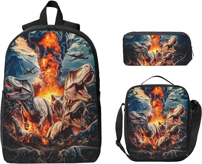 Dinosaur Kid Backpack Set with Lunch Bag & Pencil Case Large Capacity School Bag 17 Inch Bookbag for Boy Girl - Image 9