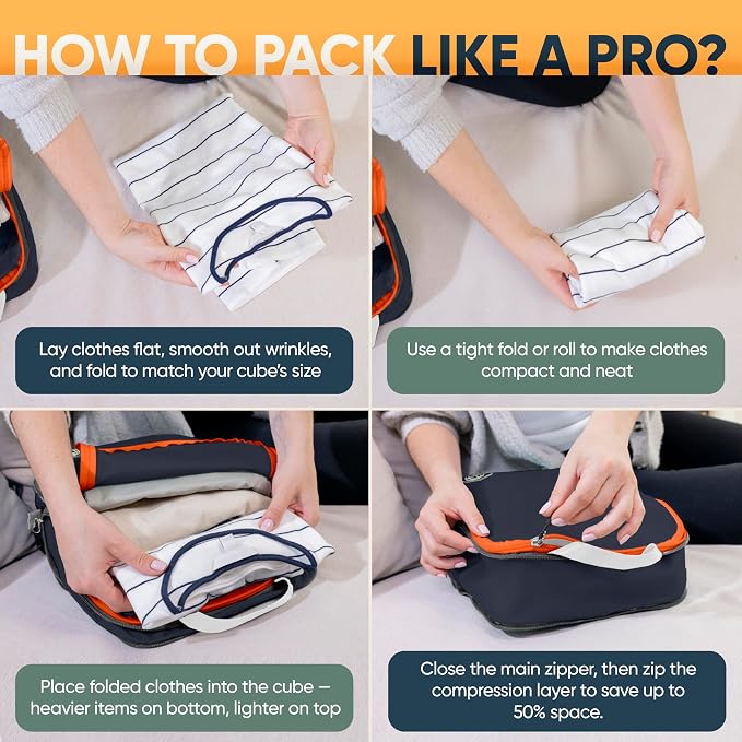 Large Compression Packing Cubes for Travel-Packing Cube Luggage Organizers 7 Piece Set for Checked Luggage-Ultralight, Expandable/Compression Bags by TRIPPED Travel Gear (Grey/Orange) - Image 9