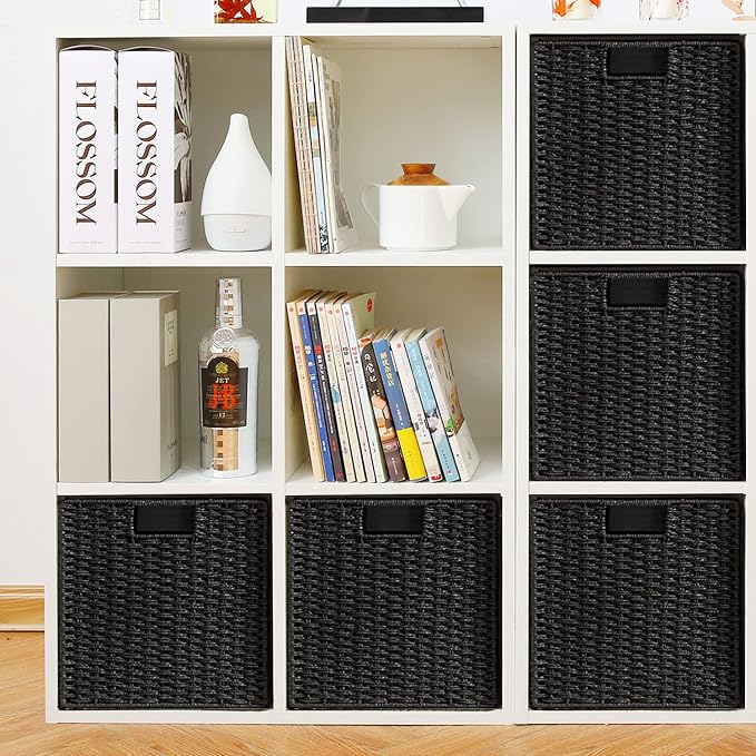 Vagusicc Wicker Basket, Set of 2 Woven Storage Baskets for Shelves, Foldable Cube Storage Basket Bins with Handles, 9 inch Small Storage Baskets for Organizing Pantry Bedroom, Black - Image 8