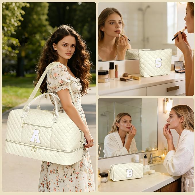Graduation Birthday Gift for Her, Personalized Initial Weekender Bag for Women 45L Travel Duffle Carry On Quilted, 3PCS Overnight with Cosmetic & Toiletry Bag, Shoe Compartment, Gym Dance Bag for Girl - Image 9
