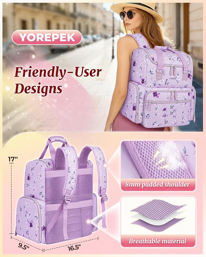 YOREPEK Travel Nail Supplies Organizer Backpack, Holds 96 to 100+ Bottles | Large Nail Tech Bag for Supplies & UV Lamp, Purple Floral Nail Organizers and Storage for Manicurist, Lavender Bloom - Image 7