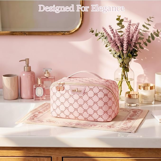 Travel Makeup Bags for Women: 3 Pcs Set Luxury Bow Print Make up Bag - Large Capacity Cute Cosmetic Case - 3–15 Day Travel Toiletry Organizer Bag, Comes with An Gift Box(Jewel pink) - Image 7