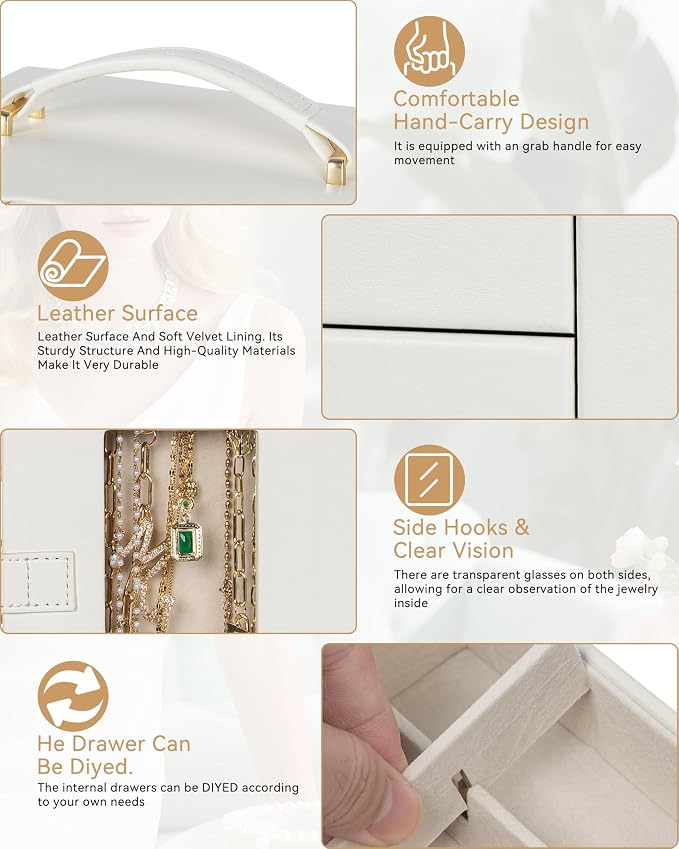 AKOZLIN 6-Tier Jewelry Box Organizer Functional 5 Drawers Leather Jewelry Storage Case for Women Girls Ring Necklace Earring Bracelet Holder Organizer with Mirror White 360° Rotating - Image 8