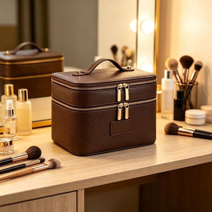 Makeup Case,Leather Double Layer Makeup Bag Duo,Large Portable Travel Toiletry Case Cosmetic Organizer for Women - Image 6