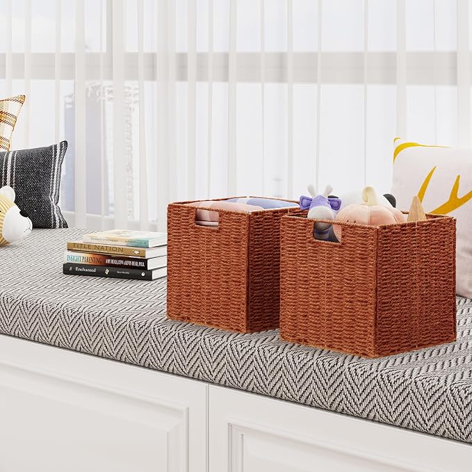 Vagusicc Wicker Storage Basket, Set of 2 Hand-Woven Paper Rope Wicker Baskets, Foldable Cube Storage Bins, 11 inch Storage Basket, Square Baskets for Organizing Shelves & Decor, Orange (11″×11″×11″) - Image 9