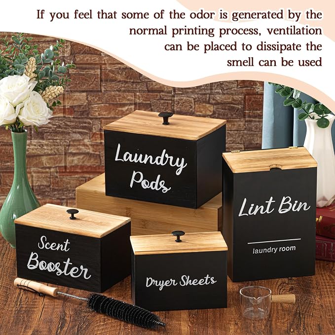 Dandat 4 Pcs Magnetic Laundry Pod Holder Laundry Room Container Set, Lint Bin with Scoop and Brush Dryer Sheet Holder, Scent Booster Container Rustic Gift Wood Farmhouse Room Decorcontainer(Black) - Image 7