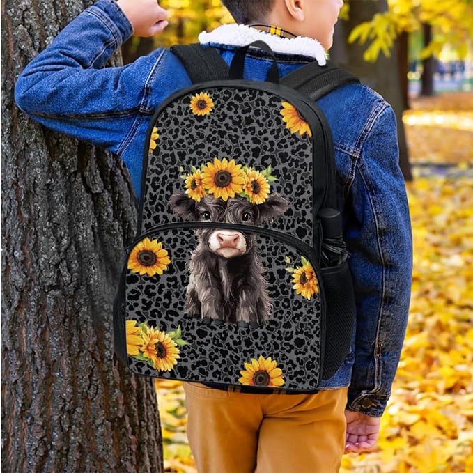 Highland Cow Sunflower Black Leopard School Backpack for Boy Girl Book Bag Waterproof Hiking Backpacks Daypack Knapsack Rucksack Pencil Bags with Zipper Lunch Box Water Bottle Holder - Image 7