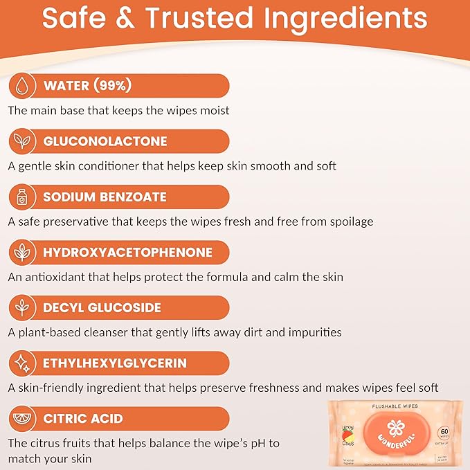 WONDERFUL Flushable Wipes, Lemon Citrus 100% Plant-Based Wet Butt Wipe for Adults & Kids, Sewer Septic Safe, Gentle for Sensitive Skin, Wipes Flushable Pack for Bathroom & Travel, 6-Pack (360 Counts)