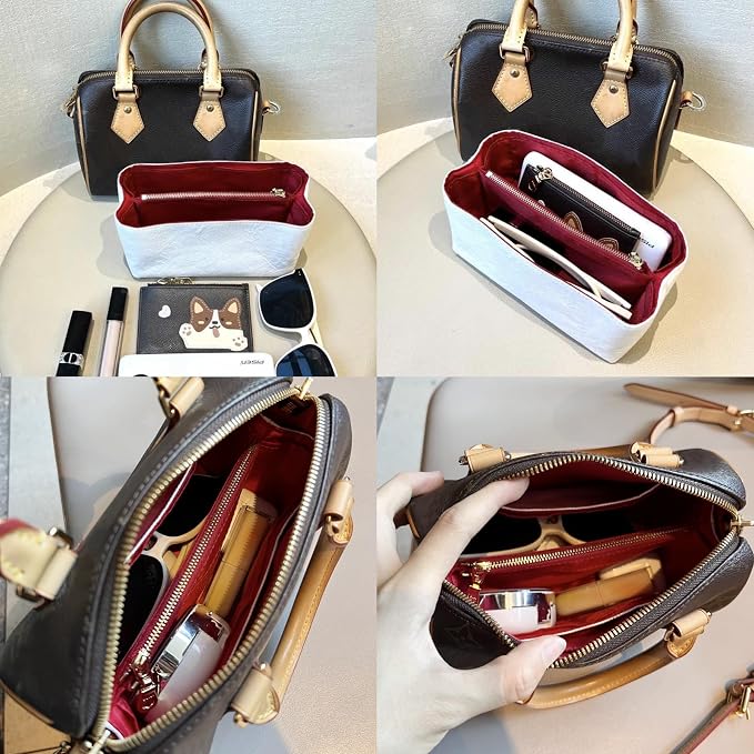 Purse Organizer Insert Compatible with lv Speedy 25/Monogram Bags and More, Light Waterproof DupontPaper Bag Insert Shaper Protector for Women Tote Handbags, 11 Pockets with Zip(White&Red, M) - Image 7