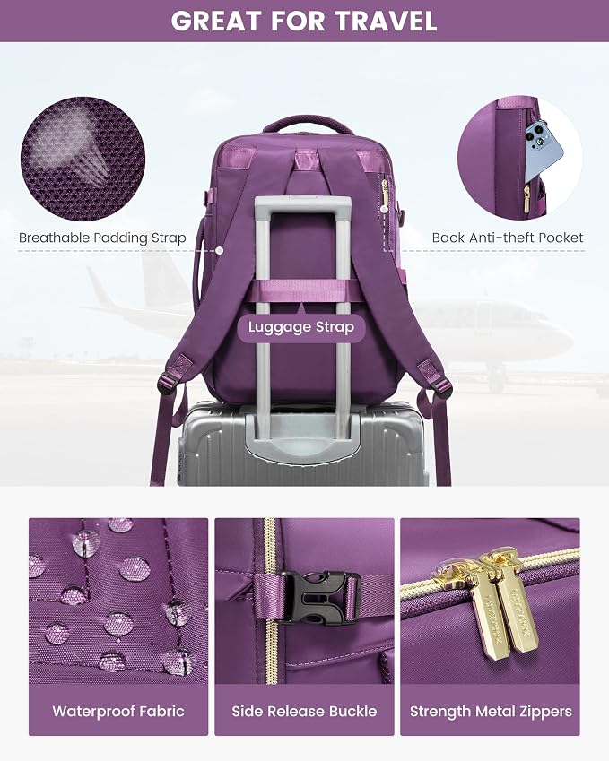 LOVEVOOK Large Travel Backpack for Women, TSA Carry on Backpack for Airplanes, 40L Personal Item Travel Bag fits 17" Laptop, Waterproof Carry on Bag Flight Approved with 4 Packing Cubes - Image 7