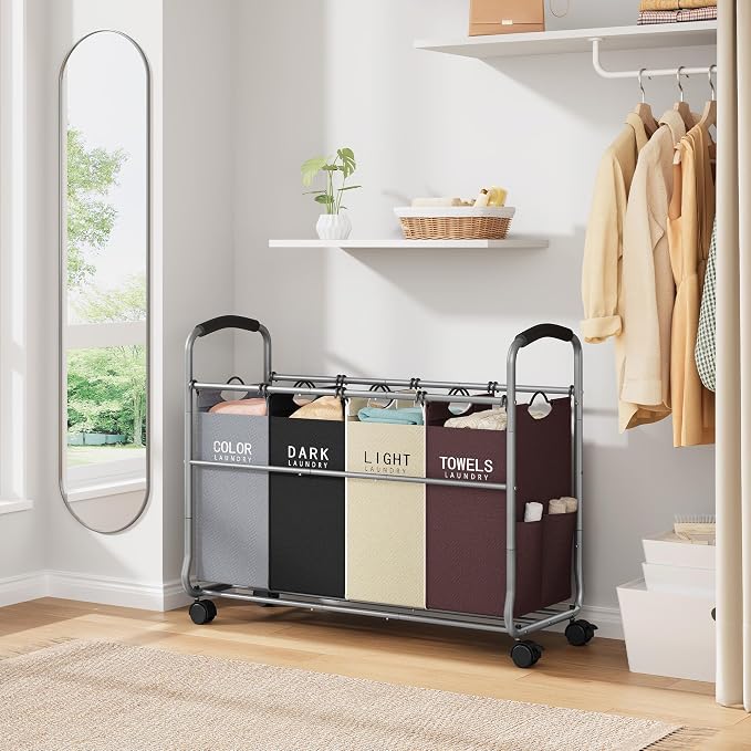 Tajsoon Laundry Sorter 4 Sections, Laundry Separator Hamper with Heavy Duty Lockable Rolling Wheels, Laundry Divider with Removable Bags for Dirty Clothes Storage, 4 Colors - Image 8