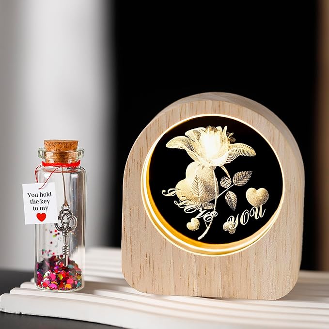 ZHSHWAT Gifts for Her,Romantic Rose Night Light and Heart Key Bottle Gift Set - Perfect for Valentines Day, Birthday, Mothers Day Anniversaries for Her Wife