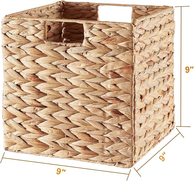 Vagusicc Storage Basket, Set of 2 Hand-woven Water Hyacinth Storage Baskets, Foldable Wicker Storage Basket 9 Inch Cube Storage Bins for Shelves Organizer Square Shelf Baskets, 9''x9''x9'' - Image 7