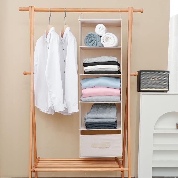 Large Hanging Sweater Organizer for Closet,Collapsible 6-Shelf Hanging Closet Shelves with Drawers, Washable (Beige -5 Shelf-1 d) - Image 7