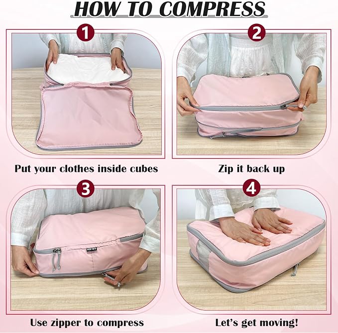 Extra Large Compression Packing Cubes for Travel Essentials, 2 Set Expandable Travel Cubes for Packing Compression Bags Luggage Suitcase Organizer, Pink - Image 6
