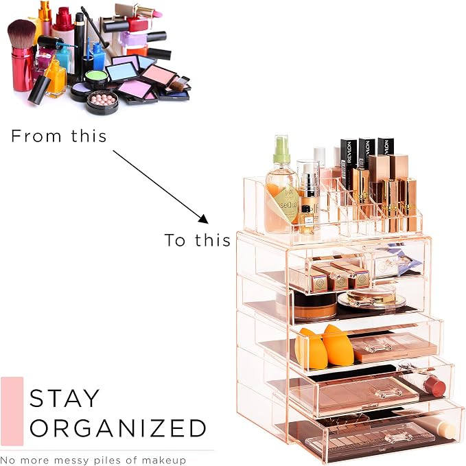 Sorbus Acrylic Makeup Organizer Set, 6-Drawer Vanity & Countertop Cosmetic Storage with Small & Wide Compartments, Pink Makeup Storage for Brushes, Jewelry – Holiday Gift for Women & Teens - Image 7