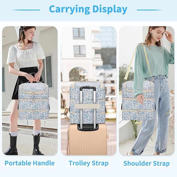 Extra Large Nail Polish Organizer - Three Layer Nail Organizers And Storage Bag, Portable Nail Supplies Organizer Case, Nail Tech Kit Travel Carrying Box with Shoulder Strap (Floral Blue, 86 Slots) - Image 9