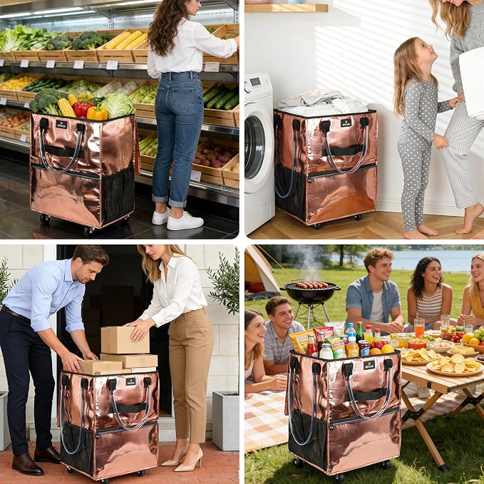 Large Reusable Grocery Bag On 5 Wheels, 130L Foldable Rolling Tote Bag, Heavy Duty Shopping Cart with Multiple Pockets, Rolling Grocery Bag, Zipper Closure & Handles for Shopping Travel, Rose Gold - Image 7