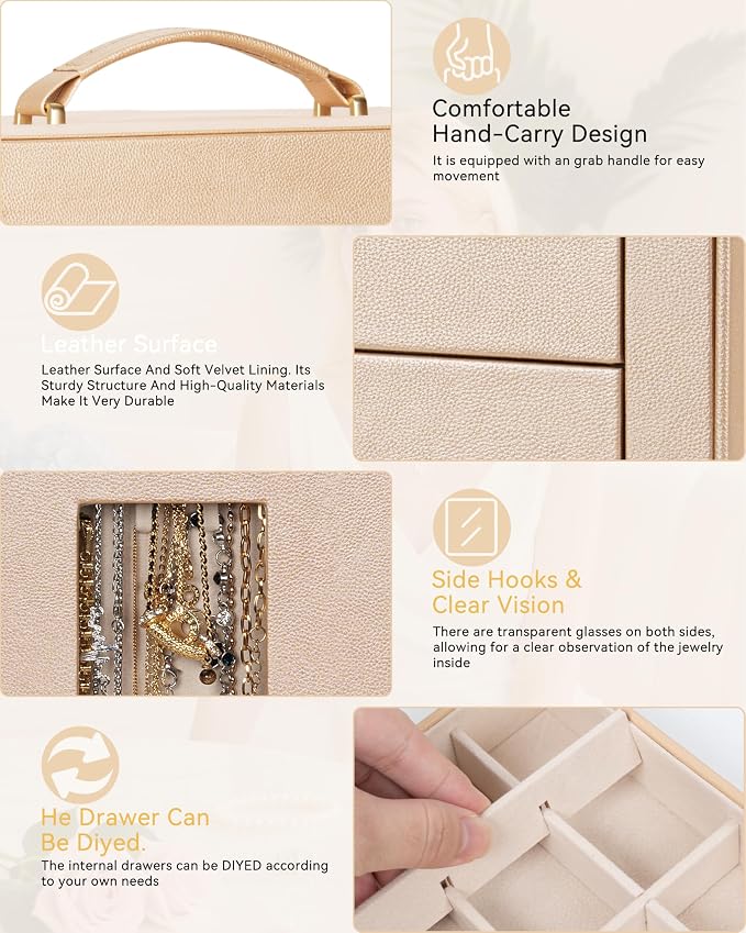 AKOZLIN 6-Tier Jewelry Box Organizer Functional 5 Drawers Leather Jewelry Storage Case for Women Girls Ring Necklace Earring Bracelet Holder Organizer with Mirror XL Champagne 360° Rotating - Image 8