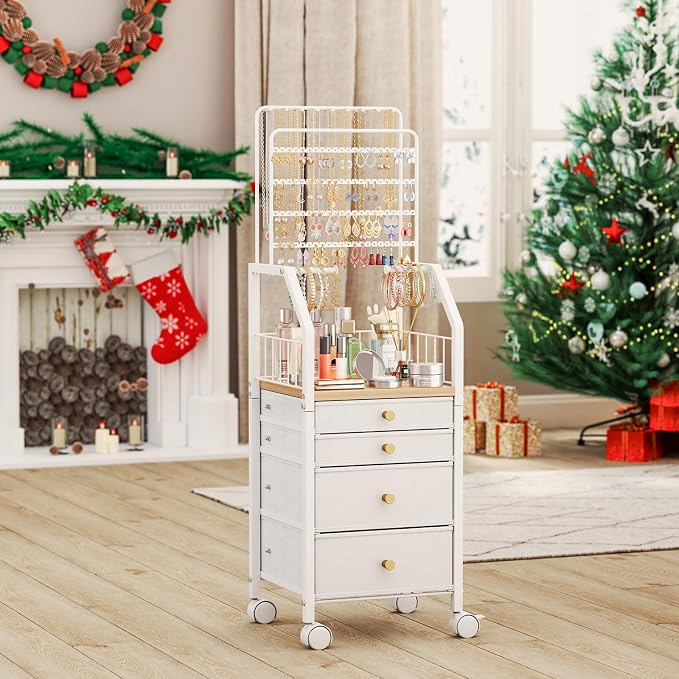 SWTYMIKI Jewelry Organizers and Storage- Multifunctional Stand Jewelry Organizer Cabinet for Necklace, Earring, Ring & Bracelet - Jewelry Box Necklace Holder with 4 Nonwoven Drawers & Wheel White - Image 7