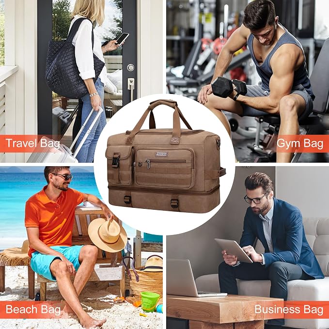 WITZMAN Duffle Bag for Men 50L Travel Canvas Weekender with Toiletry Bag | With Shoe Compartment and Dry-wet Pocket, Convertible, Carry On, One Duffel for Gym, Sports, Overnight, A8010/2 Brown - Image 9