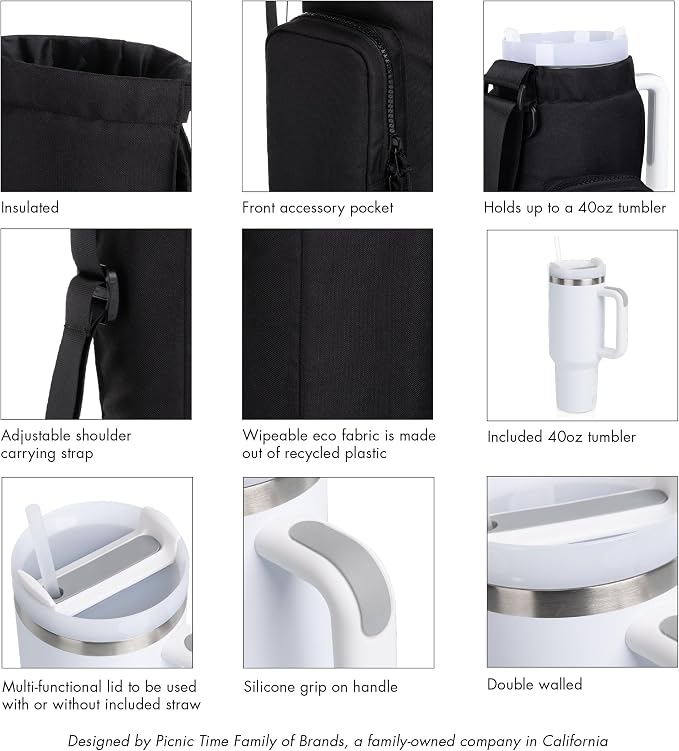 PICNIC TIME Eclipse Tumbler Tote with 40oz Stainless Travel Mug, Eco-Friendly Water Bottle Sling Bag, Crossbody Cup Holder with Phone Pocket & Strap, Recycled Fabric Drink Carrier & Tote (Black) - Image 6