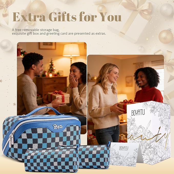 BOYATU Travel Makeup Bag Organizer Cosmetic Bag: 3 Pcs Set Make up Bags for Women with Handle - Waterproof Vegan Leather Toiletry Bag (01-H-Blue) - Image 4