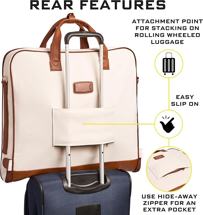 ZEGUR Premium Garment Bag Carry On for Women - Hangs Blazers, Pantsuits & More - Travel Bag with Shoulder Strap and Laptop Compartment (Beige with Saddle Brown Leather) - Image 8