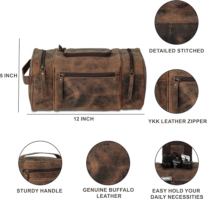 KomalC Extra-Large Leather Toiletry Bag for Men & Women – Luxury Travel Dopp Kit with Multi-Compartment Storage, Waterproof Lining & Premium YKK Zippers – Unisex Toiletry & Cosmetic Organizer - Image 8