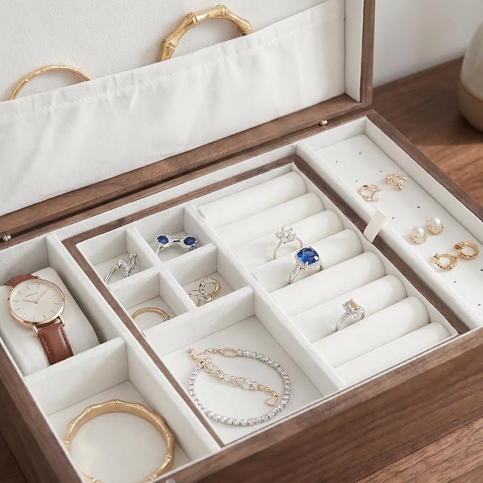 Wooden Jewelry Box for Women, Black Walnut | Jewelry Organizer & Storage, Velvet Lining, Multi-Compartment, Travel Jewelry Case for Ring Necklace Earring - Image 9