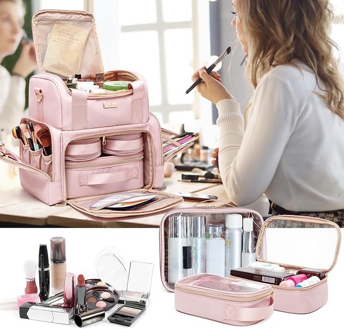 Large Cosmetic Bag, Double Layer Travel Makeup Organizer, Pink | Makeup Bag with 3 Removable Cases, Inner Dividers & Brushes Storage Pockets, Cosmetic Storage Case Fits Beauty Essentials - Image 7