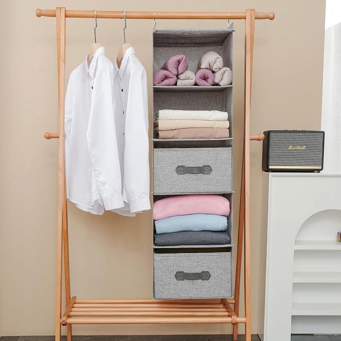 Large Hanging Sweater Organizer for Closet,Collapsible 6-Shelf Hanging Closet Shelves with Drawers, Washable (Grey-5 Shelf-2 d) - Image 7