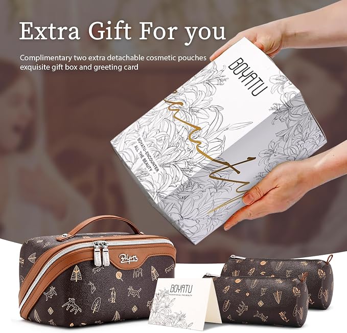 BOYATU Travel Makeup Bag Cosmetic Bags for Women: 3 Pcs Set Portable Make up Bag with Handle - PU Leather Toiletry Bags with Compartments - Makeup Organizer for Travel Essentials(L-1-Brown) - Image 6