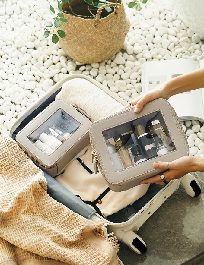 Popvibe Clear Makeup Bag Set 2 Pack Travel Cosmetic Case Toiletry Bag with Zipper Make Up Case Traveling, Stone, Medium and Large - Image 8