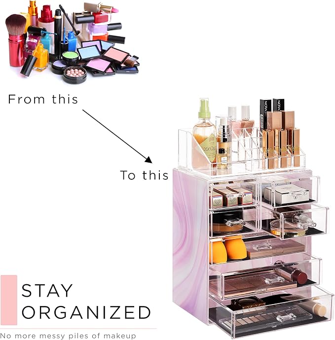 Sorbus Acrylic Makeup Organizer Set, 7-Drawer Vanity & Countertop Cosmetic Storage with Small & Wide Compartments, Tie Dye Makeup Storage for Brushes, Jewelry – Holiday Gift for Women & Teens - Image 6