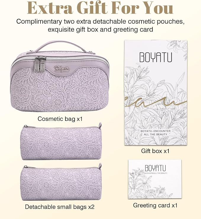 BOYATU Travel Makeup Bags Cosmetic Organizer Bag: 3-Set Large Capacity Make up Bag - PU Leather Toiletry Bags for Women - Wide Open Portable Pouch with Divider & Handle (A-Violet) - Image 7