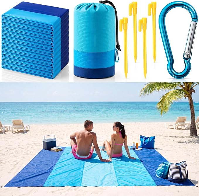 Weysat 10 Sets Beach Blankets Bulk Sandproof 79 x 108'' Large Waterproof Picnic Blanket for 1-6 Adults Oversized Sand Free Beach Mat with Stake Climbing Hook Storage Bag for Travel Camping(Joint Blue) - Image 7