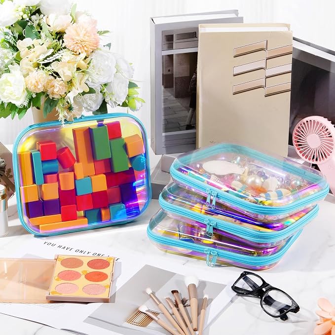 Hoolerry 4 Pcs Hard Clear Zipper Case Makeup Bags Plastic Zipper Pouch Transparent Storage Box Containers for Cosmetics, Snacks, Building Blocks, Puzzles(Clear,9.8 x 7.9 x 2 in,Blue Laser) - Image 6