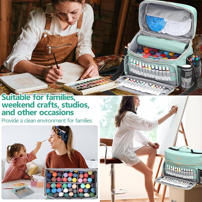 Art Supplies Organizer Storage Bag with Detachable Paint Brush Holder & Partition - Carrying Case for Home/Travel/Outdoor Fits Marks, Acrylic Paint, Palettes, Folding Buckets, Portfolios (Pro Green) - Image 7