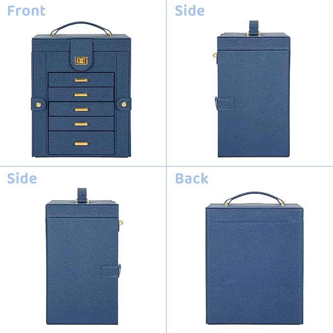 AKOZLIN 6-Tier Jewelry Box Organizer Functional 5 Drawers Leather Jewelry Storage Case for Women Girls Ring Necklace Earring Bracelet Holder Organizer with Mirror Blue Regular - Image 9
