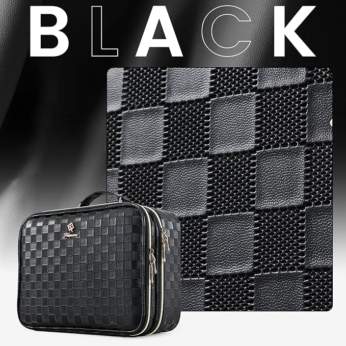 Makeup Bag with LED Lighted Mirror 12.2 IN Cosmetic Train Case Double Layer Makeup Case Adjustable Brightness in 3 Colors Cosmetic Organizer Artist Storage with Brush Holder Vanity Black Checkerboard - Image 9