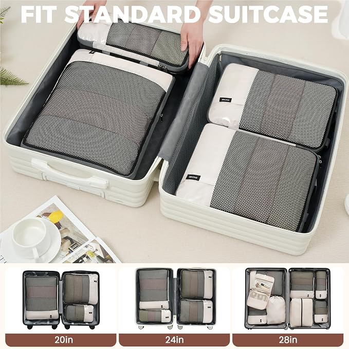 BAGAIL 4 Set/6 Set/8 Set Compression Packing Cubes Travel Accessories Expandable Packing Organizers (Half Mesh, 8-Beige) - Image 8